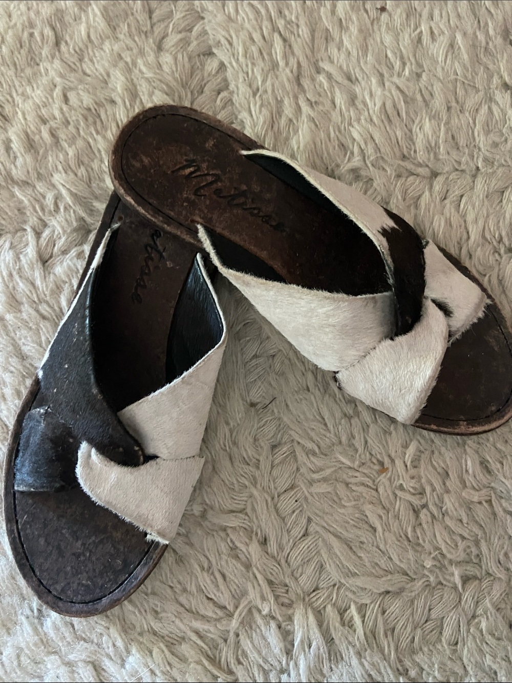 Matisse Brown and White Crisscross Slide Sandals